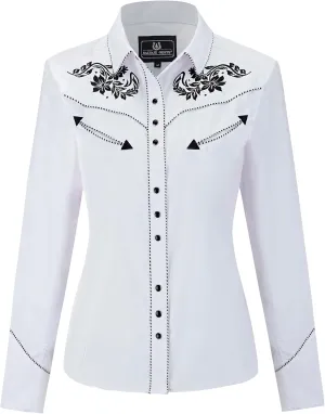 Women's Embroidered Western Cowgirl Slim Fit Shirt Snap Button Down Long Sleeve Shirt with Floral Embroidery