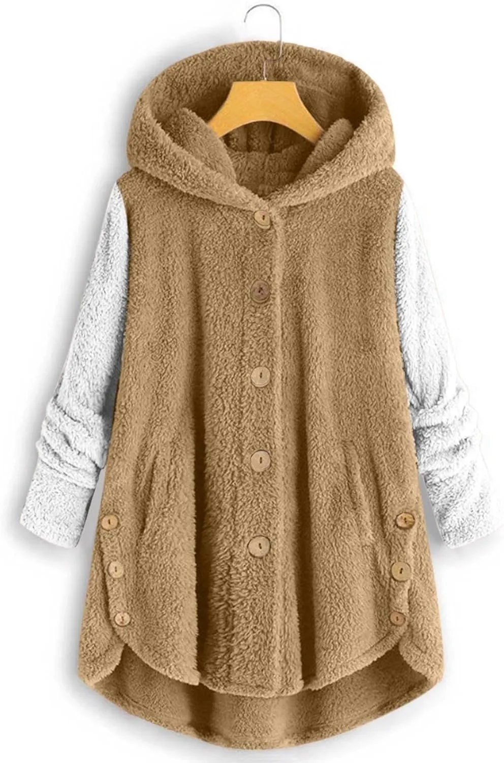 Womens Fleece Jackets Sherpa Winter Hooded Fuzzy Coats Oversized Button Down Cardigan Sweater Warm Jacket with Pocket