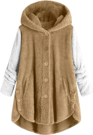 Womens Fleece Jackets Sherpa Winter Hooded Fuzzy Coats Oversized Button Down Cardigan Sweater Warm Jacket with Pocket