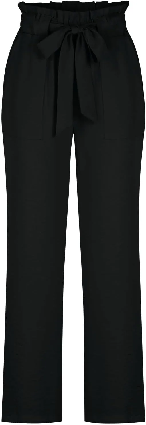 Women's Frill Paper Bag Pants Belted High Waist Straight Leg Trousers Casual Loose Fit Dressy Work Pant with Pockets