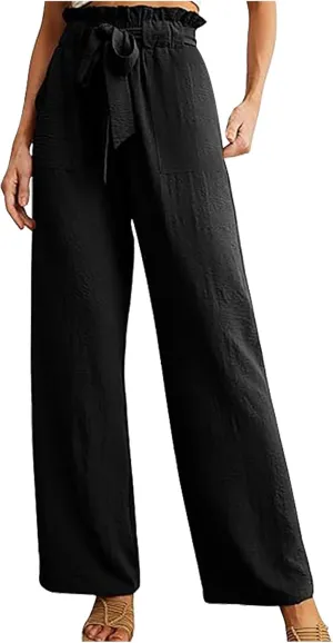 Women's Frill Paper Bag Pants Belted High Waist Straight Leg Trousers Casual Loose Fit Dressy Work Pant with Pockets