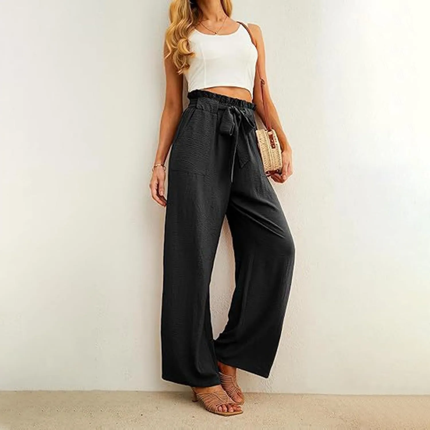 Women's Frill Paper Bag Pants Belted High Waist Straight Leg Trousers Casual Loose Fit Dressy Work Pant with Pockets
