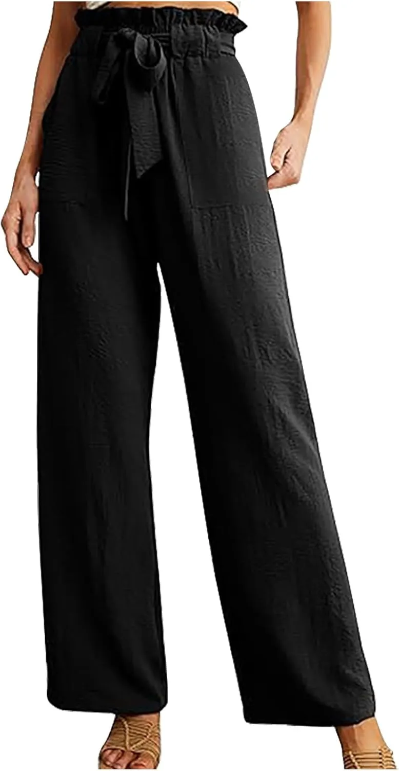 Women's Frill Paper Bag Pants Belted High Waist Straight Leg Trousers Casual Loose Fit Dressy Work Pant with Pockets