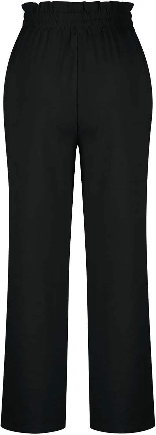 Women's Frill Paper Bag Pants Belted High Waist Straight Leg Trousers Casual Loose Fit Dressy Work Pant with Pockets