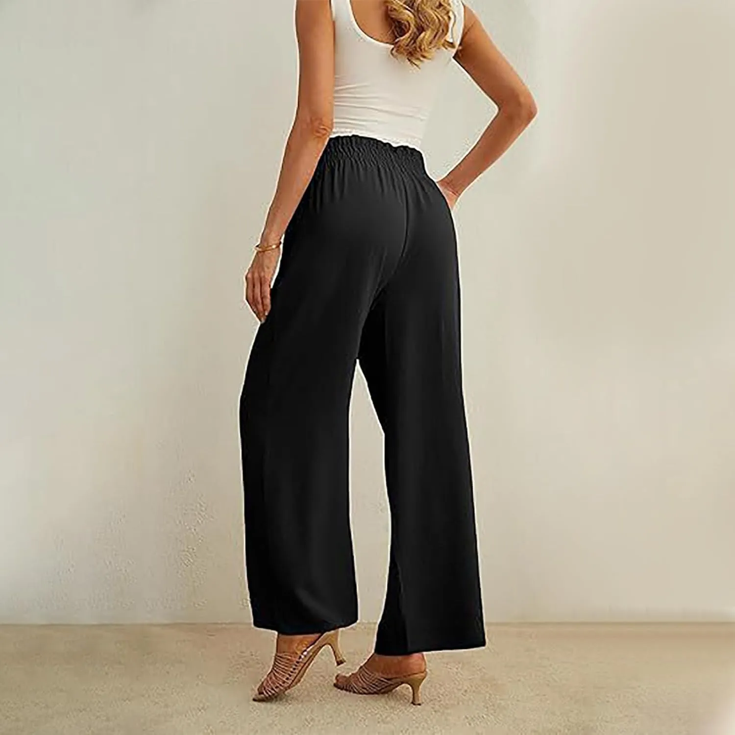 Women's Frill Paper Bag Pants Belted High Waist Straight Leg Trousers Casual Loose Fit Dressy Work Pant with Pockets