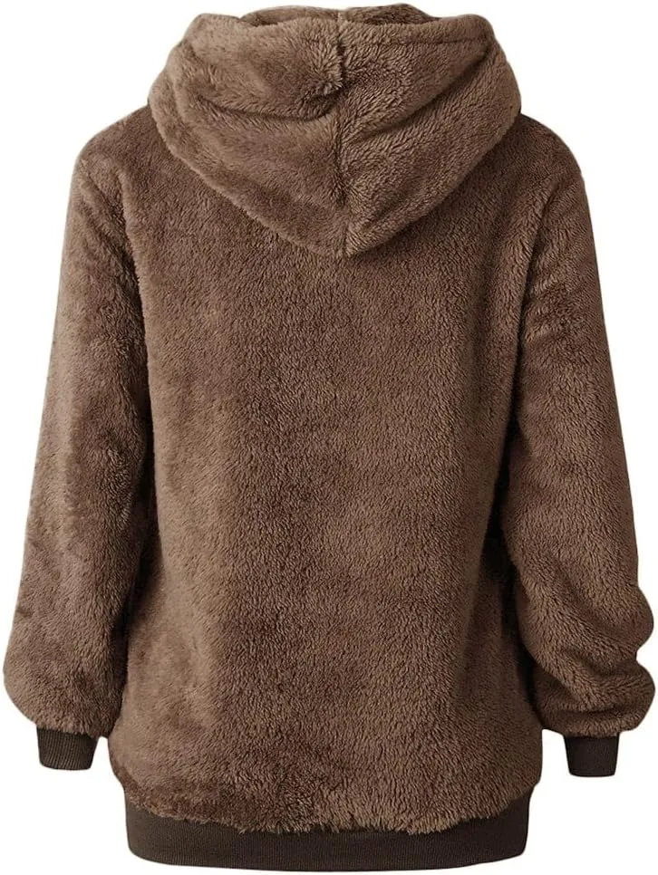 Women's Fuzzy Fleece Hoodies Zip Up Pullover Sherpa Sweatshirt 2023 Fall Winter Casual Oversized Warm Fluffy Coat Plus Size