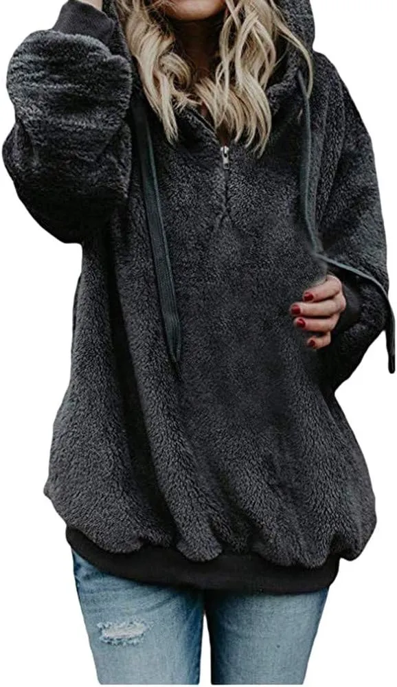 Women's Fuzzy Fleece Hoodies Zip Up Pullover Sherpa Sweatshirt 2023 Fall Winter Casual Oversized Warm Fluffy Coat Plus Size