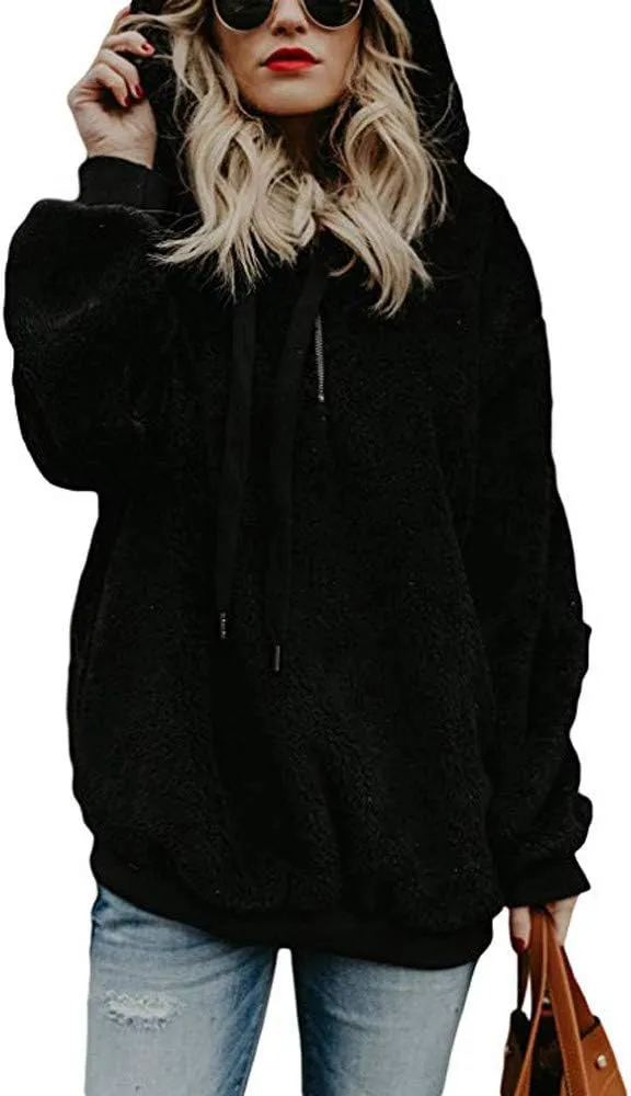 Women's Fuzzy Fleece Hoodies Zip Up Pullover Sherpa Sweatshirt 2023 Fall Winter Casual Oversized Warm Fluffy Coat Plus Size