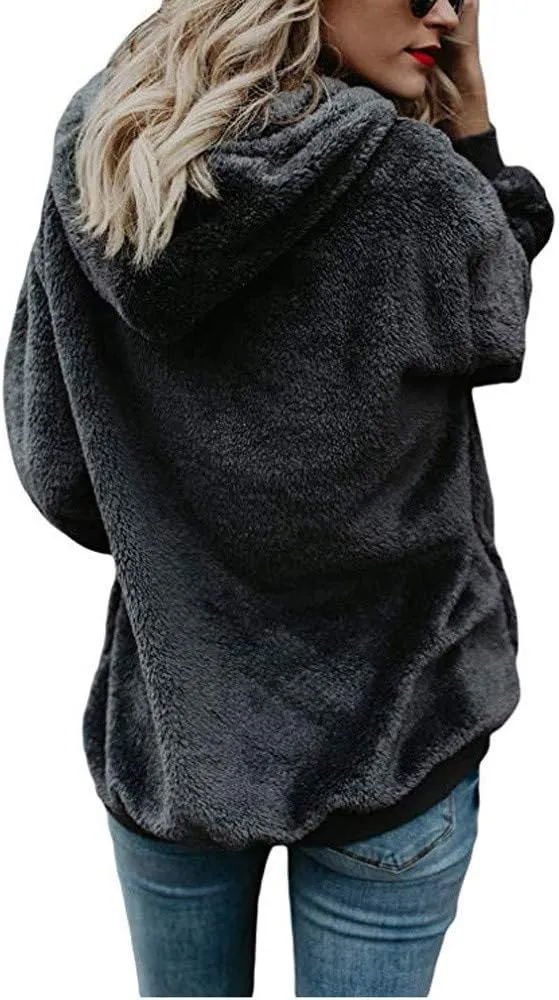 Women's Fuzzy Fleece Hoodies Zip Up Pullover Sherpa Sweatshirt 2023 Fall Winter Casual Oversized Warm Fluffy Coat Plus Size