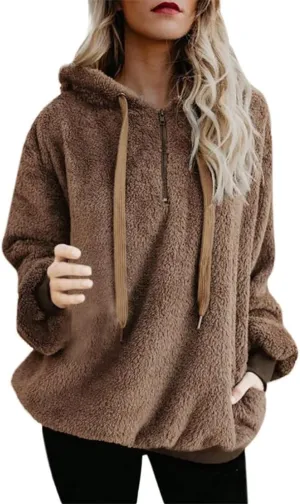 Women's Fuzzy Fleece Hoodies Zip Up Pullover Sherpa Sweatshirt 2023 Fall Winter Casual Oversized Warm Fluffy Coat Plus Size