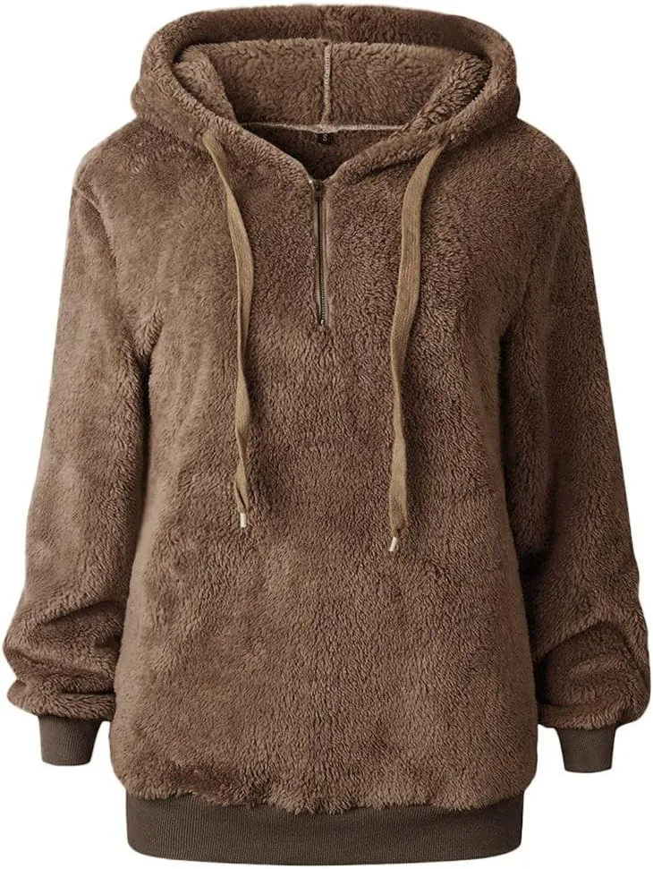 Women's Fuzzy Fleece Hoodies Zip Up Pullover Sherpa Sweatshirt 2023 Fall Winter Casual Oversized Warm Fluffy Coat Plus Size