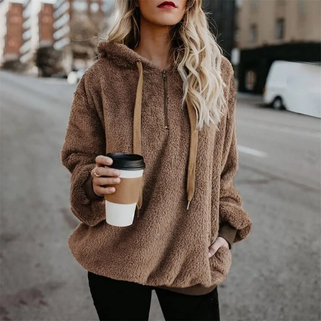Women's Fuzzy Fleece Hoodies Zip Up Pullover Sherpa Sweatshirt 2023 Fall Winter Casual Oversized Warm Fluffy Coat Plus Size