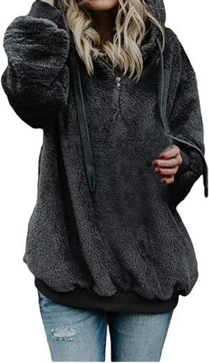 Women's Fuzzy Fleece Hoodies Zip Up Pullover Sherpa Sweatshirt 2023 Fall Winter Casual Oversized Warm Fluffy Coat Plus Size