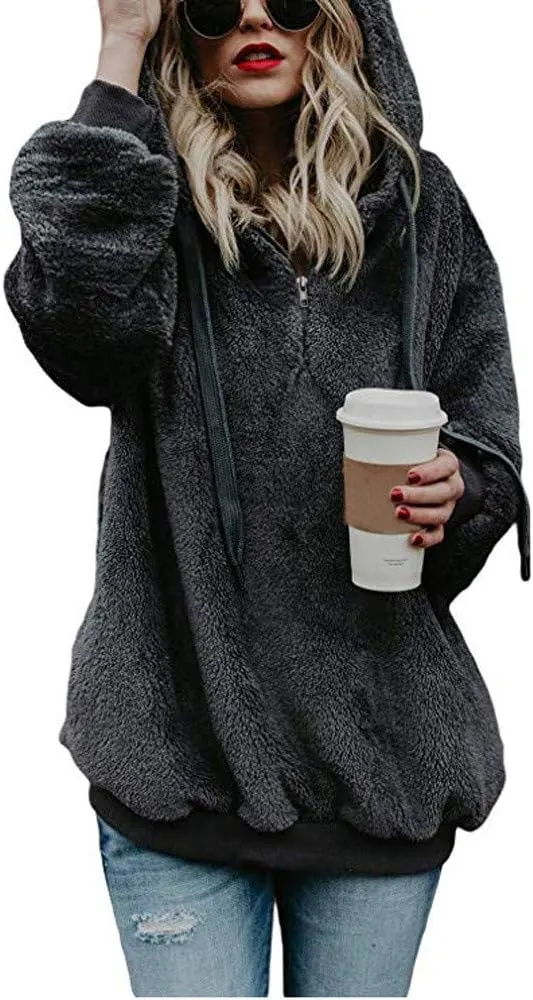Women's Fuzzy Fleece Hoodies Zip Up Pullover Sherpa Sweatshirt 2023 Fall Winter Casual Oversized Warm Fluffy Coat Plus Size