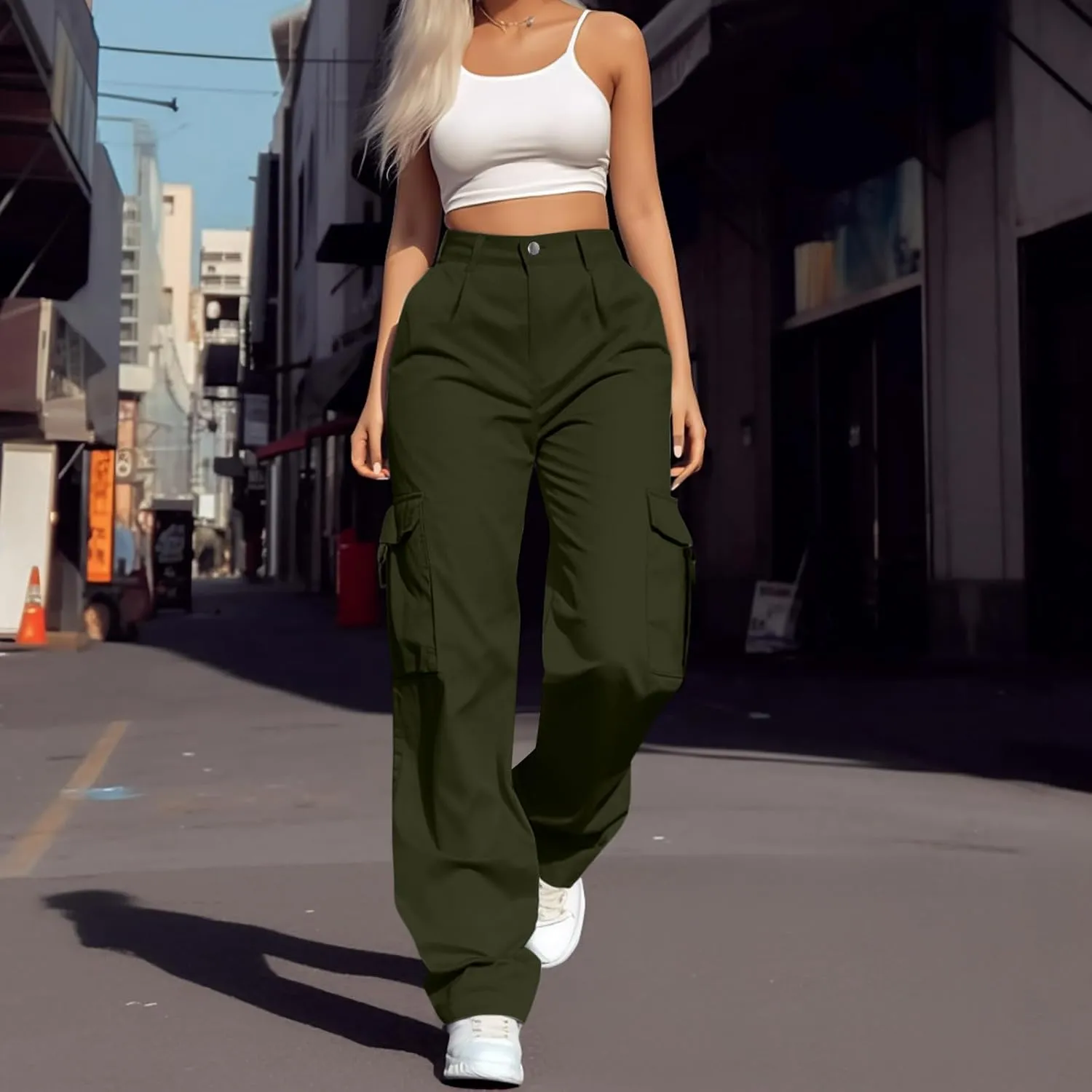Women's Hiking Wide Leg Cargo Pants Lightweight Quick Dry Outdoor Buttons High Waisted Workout Pants with Pockets