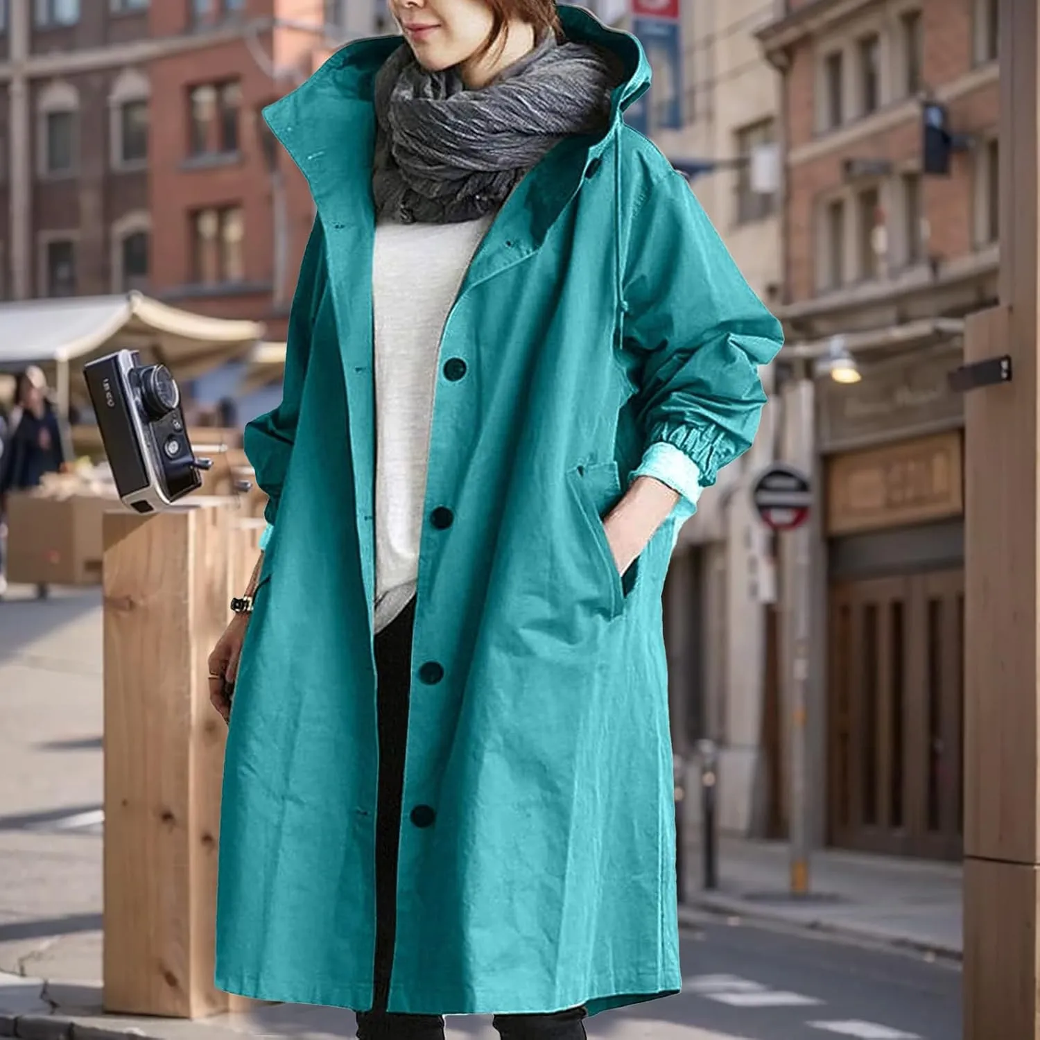 Womens Lightweight Hooded Jacket Oversized Button Down Coats Fall Winter Long Sleeve Trench Coat Peacoat