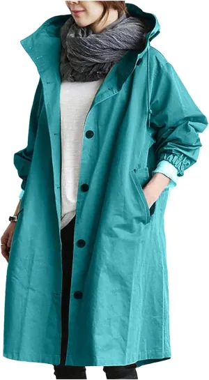 Womens Lightweight Hooded Jacket Oversized Button Down Coats Fall Winter Long Sleeve Trench Coat Peacoat