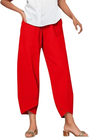 Womens Linen Cotton Pants Summer Elastic High Waist Straight Leg Casual Loose Solid Color Pants Comfy Straight Leg Trousers