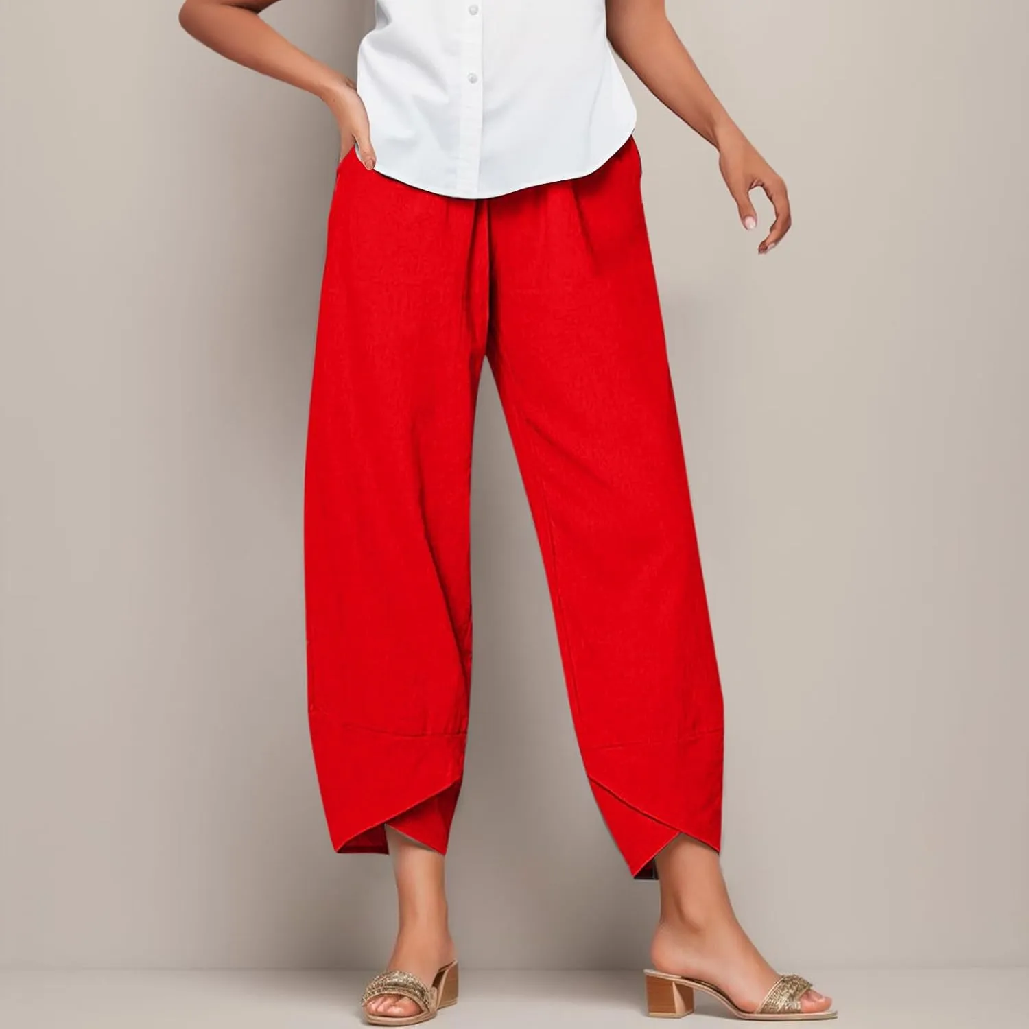 Womens Linen Cotton Pants Summer Elastic High Waist Straight Leg Casual Loose Solid Color Pants Comfy Straight Leg Trousers