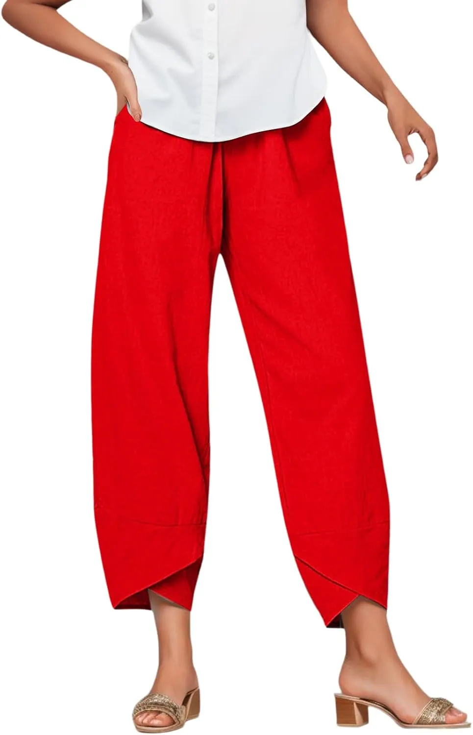 Womens Linen Cotton Pants Summer Elastic High Waist Straight Leg Casual Loose Solid Color Pants Comfy Straight Leg Trousers