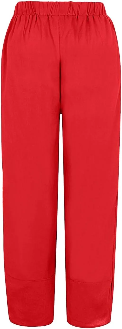 Womens Linen Cotton Pants Summer Elastic High Waist Straight Leg Casual Loose Solid Color Pants Comfy Straight Leg Trousers