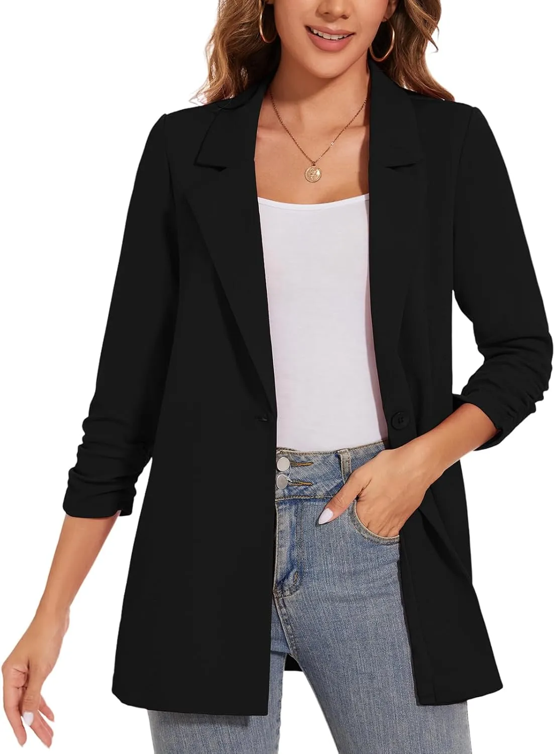 Women's Long Blazer Jackets Button Front Lapel Ruched 3/4 Sleeve Business Casual Office Work Lightweight Blazers