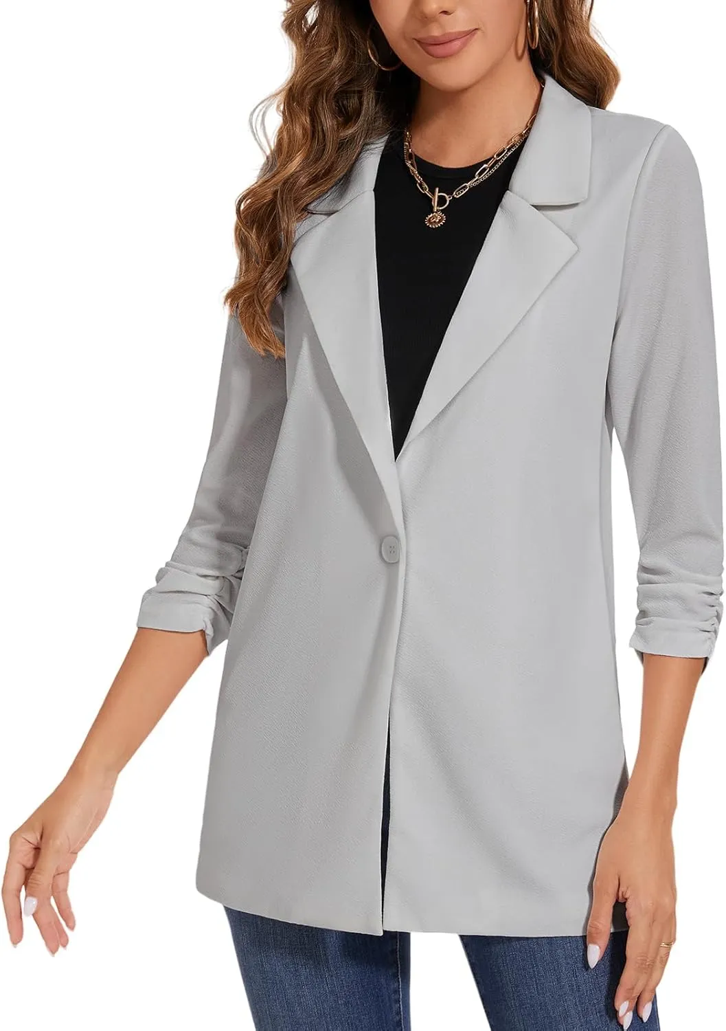 Women's Long Blazer Jackets Button Front Lapel Ruched 3/4 Sleeve Business Casual Office Work Lightweight Blazers