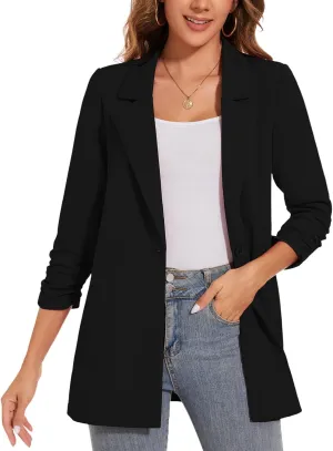 Women's Long Blazer Jackets Button Front Lapel Ruched 3/4 Sleeve Business Casual Office Work Lightweight Blazers