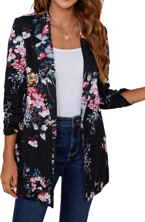 Women's Long Blazer Jackets Button Front Lapel Ruched 3/4 Sleeve Business Casual Office Work Lightweight Blazers