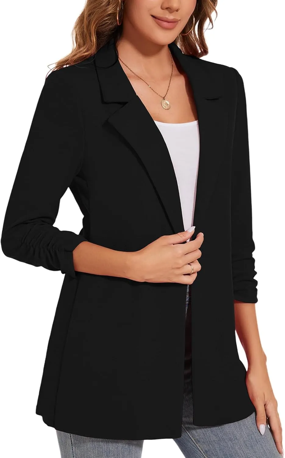 Women's Long Blazer Jackets Button Front Lapel Ruched 3/4 Sleeve Business Casual Office Work Lightweight Blazers