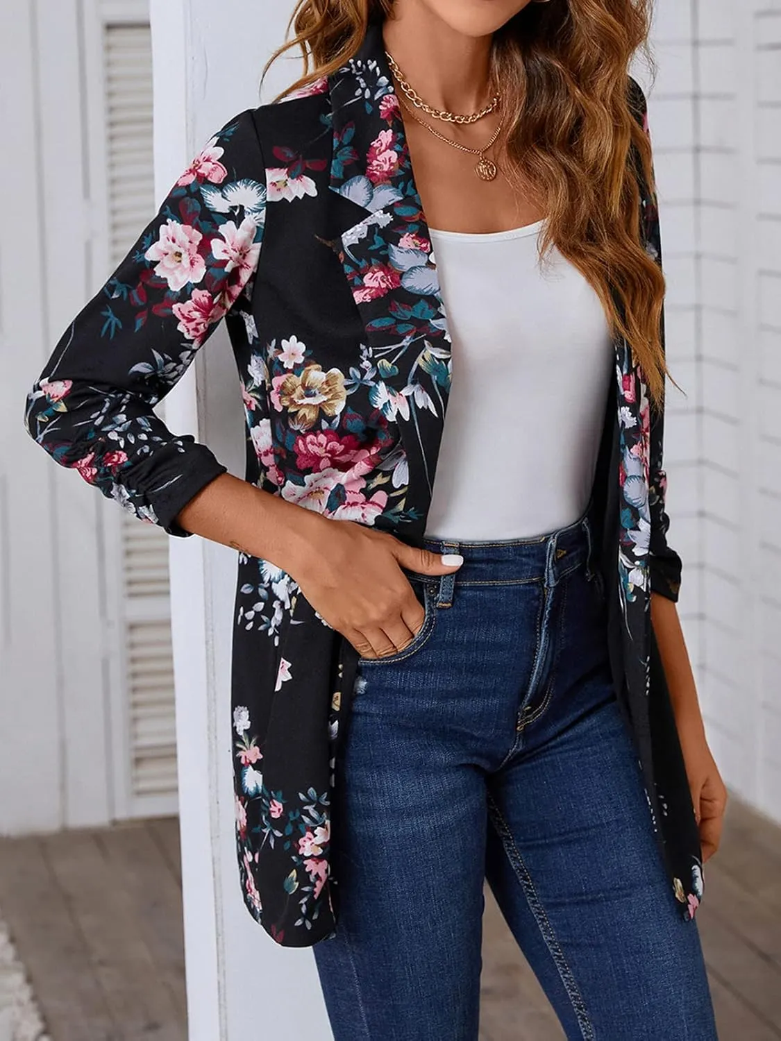 Women's Long Blazer Jackets Button Front Lapel Ruched 3/4 Sleeve Business Casual Office Work Lightweight Blazers
