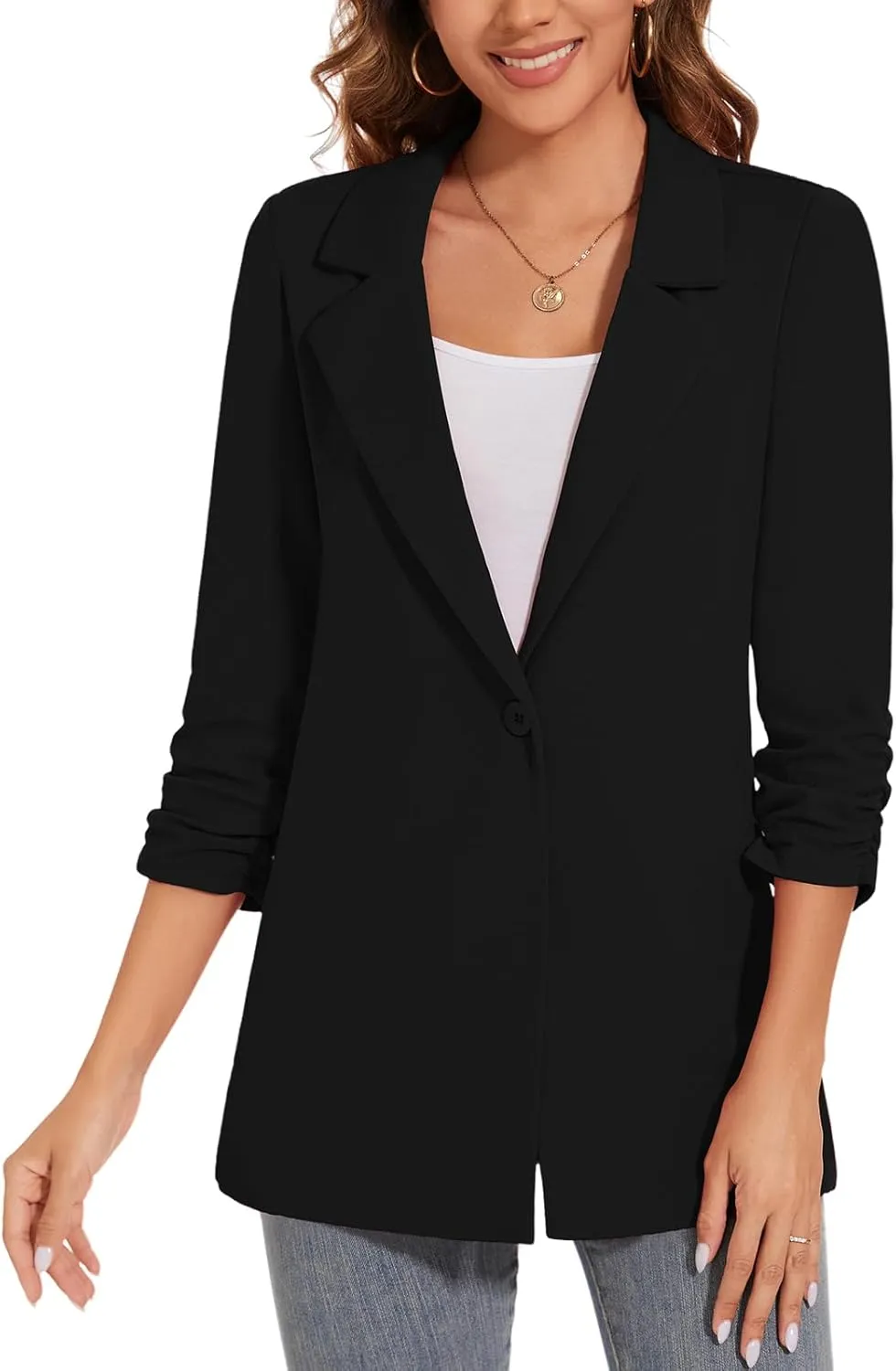 Women's Long Blazer Jackets Button Front Lapel Ruched 3/4 Sleeve Business Casual Office Work Lightweight Blazers