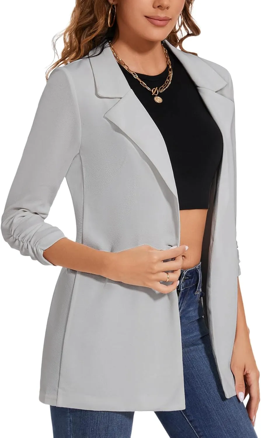 Women's Long Blazer Jackets Button Front Lapel Ruched 3/4 Sleeve Business Casual Office Work Lightweight Blazers