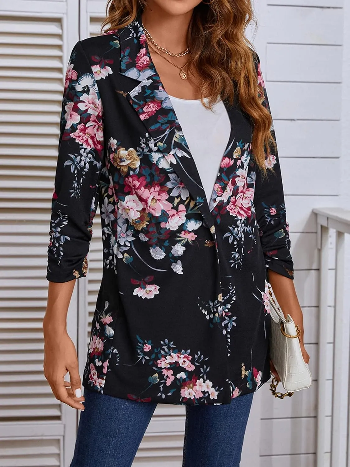 Women's Long Blazer Jackets Button Front Lapel Ruched 3/4 Sleeve Business Casual Office Work Lightweight Blazers
