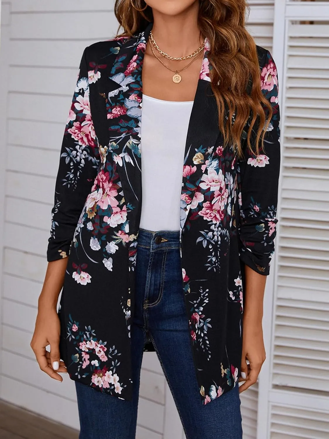 Women's Long Blazer Jackets Button Front Lapel Ruched 3/4 Sleeve Business Casual Office Work Lightweight Blazers