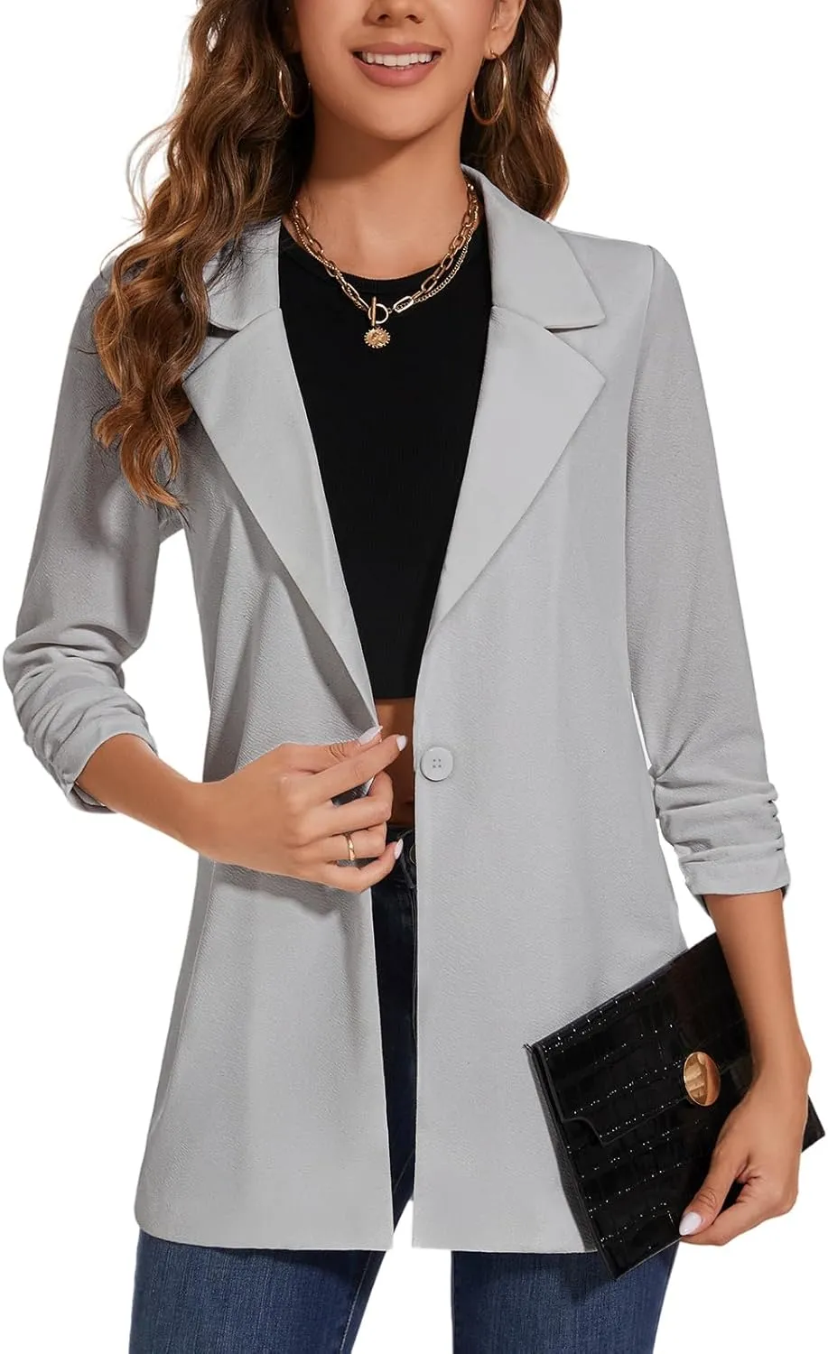 Women's Long Blazer Jackets Button Front Lapel Ruched 3/4 Sleeve Business Casual Office Work Lightweight Blazers