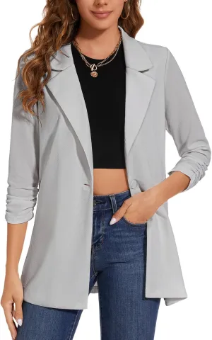 Women's Long Blazer Jackets Button Front Lapel Ruched 3/4 Sleeve Business Casual Office Work Lightweight Blazers