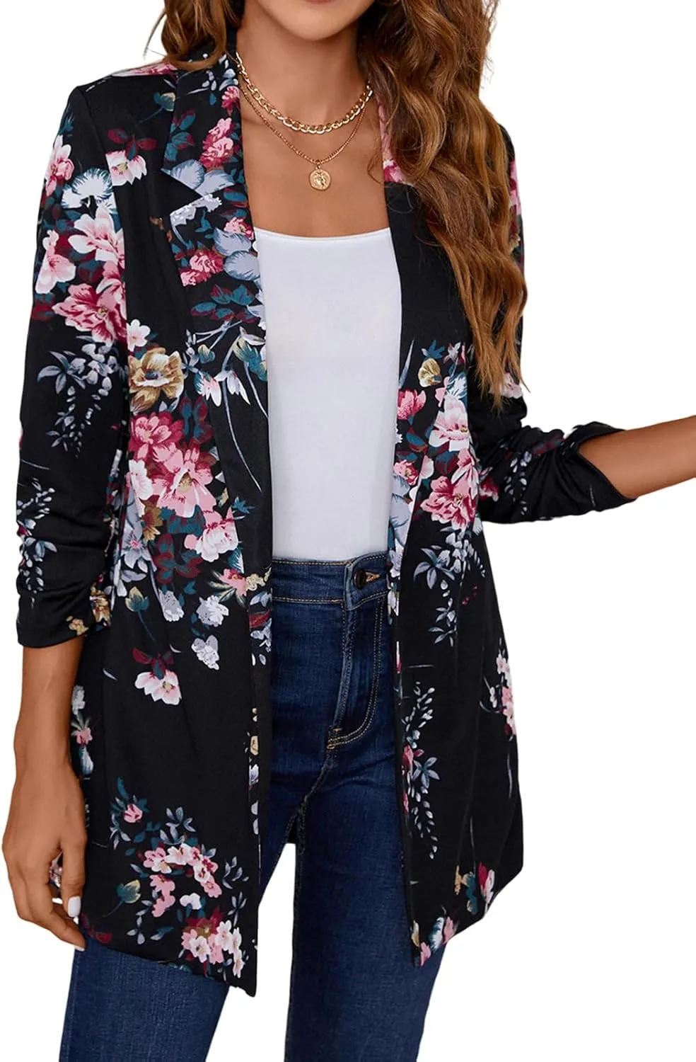 Women's Long Blazer Jackets Button Front Lapel Ruched 3/4 Sleeve Business Casual Office Work Lightweight Blazers