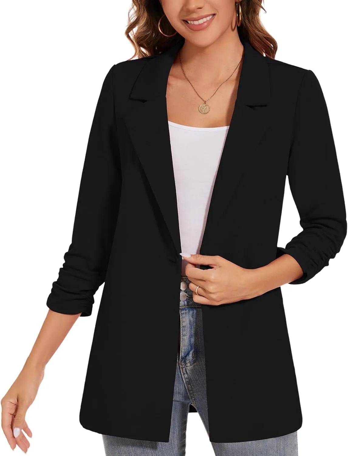 Women's Long Blazer Jackets Button Front Lapel Ruched 3/4 Sleeve Business Casual Office Work Lightweight Blazers