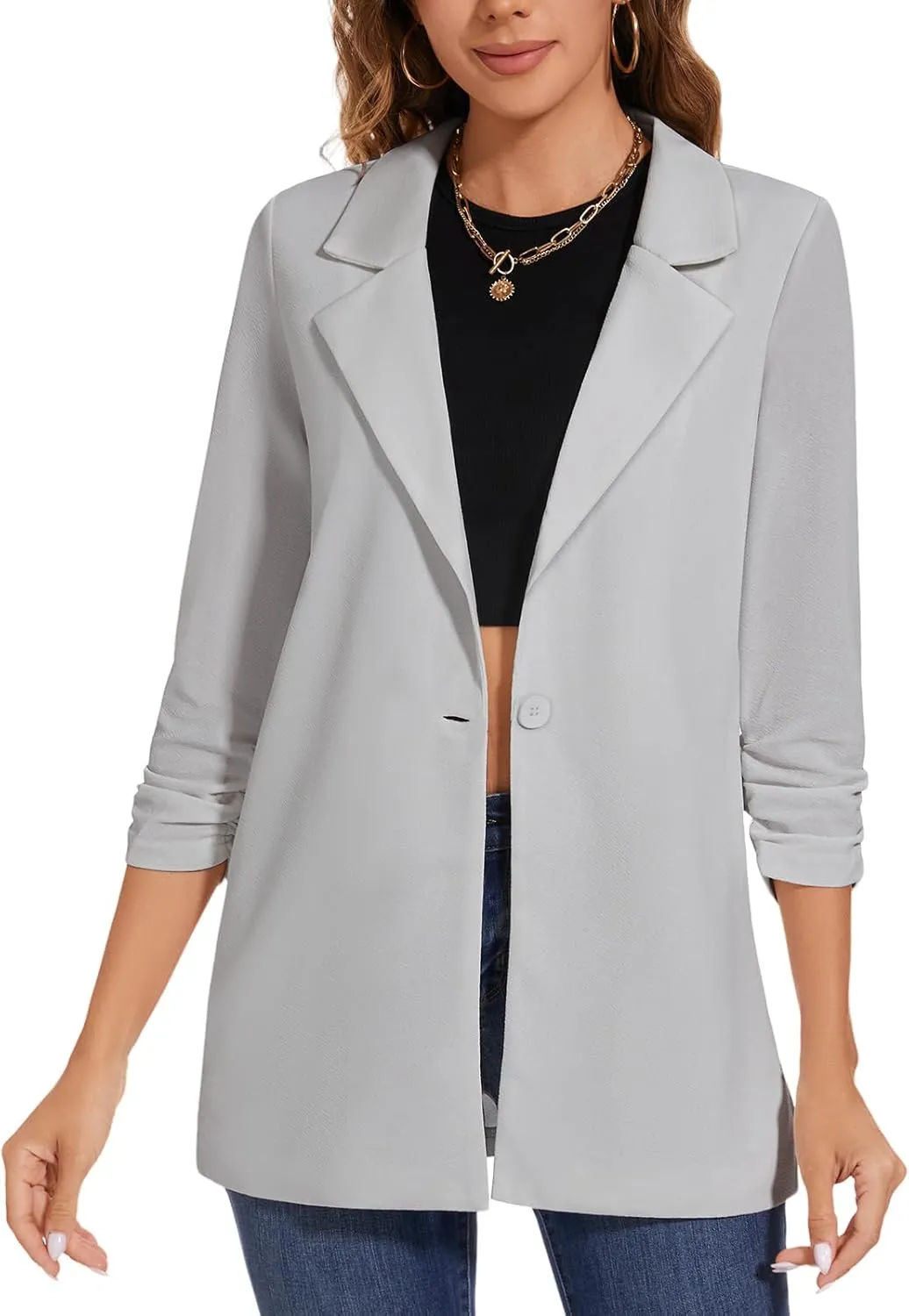 Women's Long Blazer Jackets Button Front Lapel Ruched 3/4 Sleeve Business Casual Office Work Lightweight Blazers