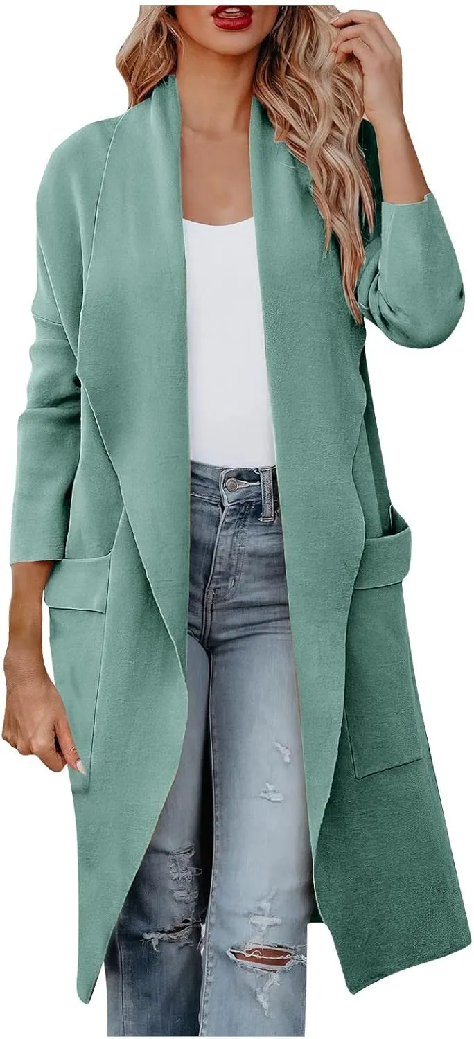Womens Long Pea Coats Classic Lapel Collar Open Front Wool Blend Trench Coat Dressy Casual Business Midi Long Jackets