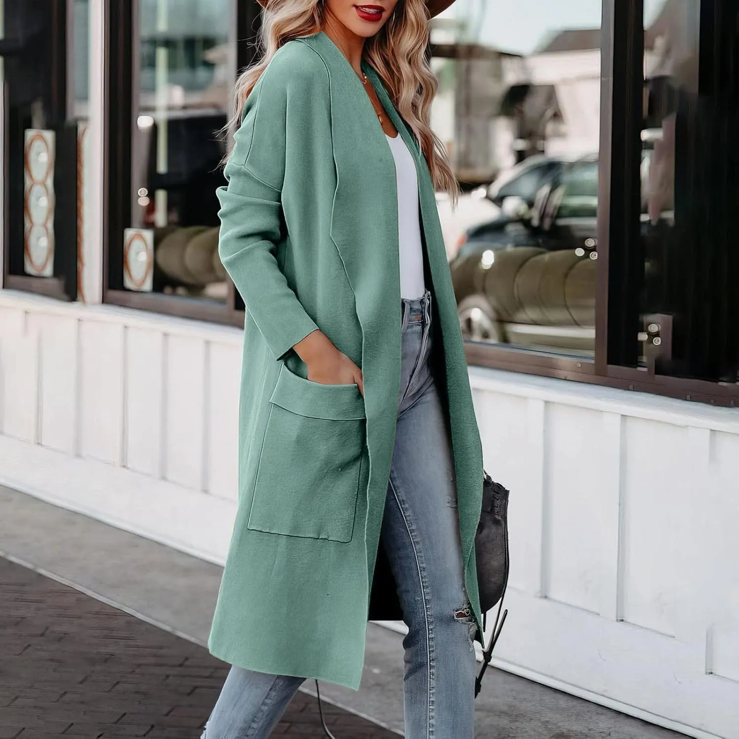 Womens Long Pea Coats Classic Lapel Collar Open Front Wool Blend Trench Coat Dressy Casual Business Midi Long Jackets
