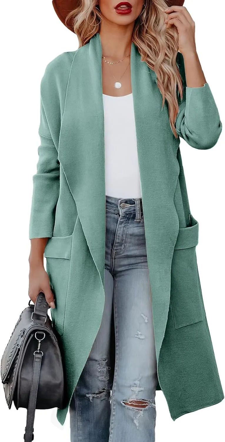 Womens Long Pea Coats Classic Lapel Collar Open Front Wool Blend Trench Coat Dressy Casual Business Midi Long Jackets