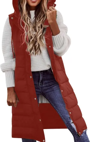 Women's Long Vest Winter Warm Sleeveless Lightweight Puffer Jacket Packable Hooded Down Coat Quilted Vest With Hood