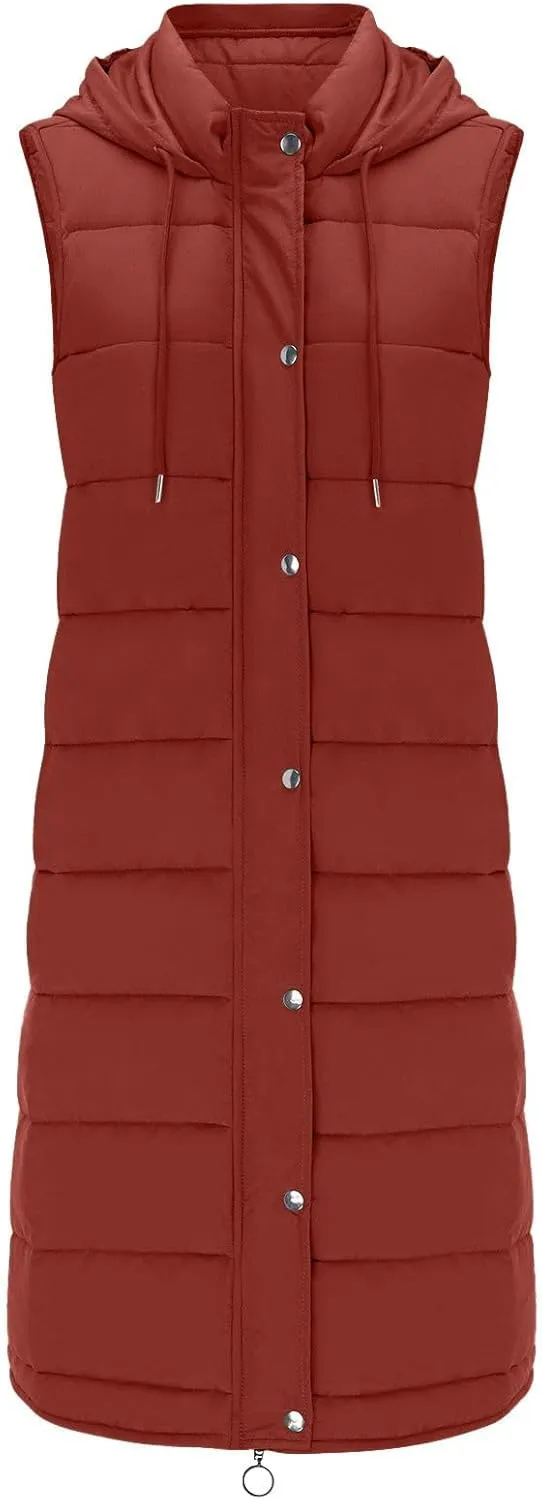 Women's Long Vest Winter Warm Sleeveless Lightweight Puffer Jacket Packable Hooded Down Coat Quilted Vest With Hood