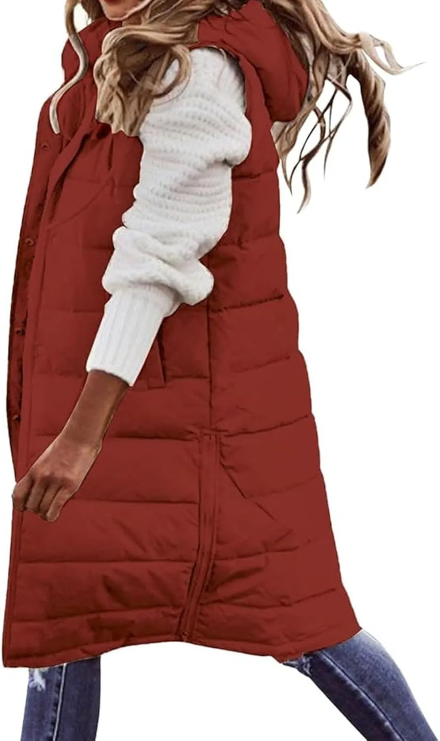 Women's Long Vest Winter Warm Sleeveless Lightweight Puffer Jacket Packable Hooded Down Coat Quilted Vest With Hood