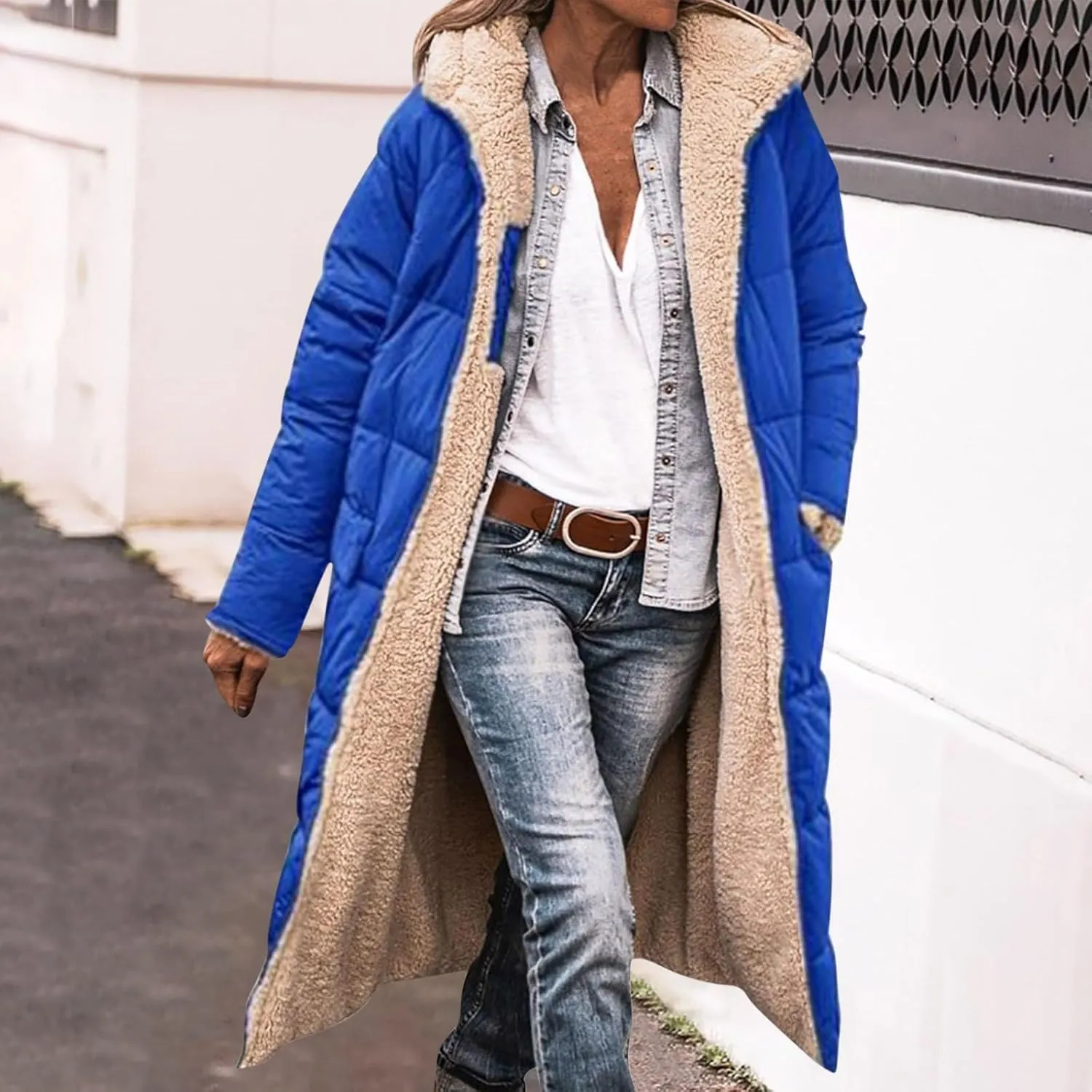 Women's Long Winter Coats Fleece Lined Reversible Hooded Puffer Jackets Windbreaker Full Zip Shearling Warm Down Coat