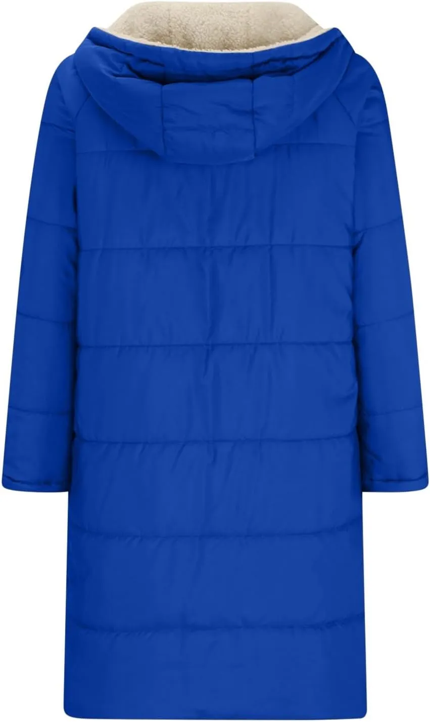 Women's Long Winter Coats Fleece Lined Reversible Hooded Puffer Jackets Windbreaker Full Zip Shearling Warm Down Coat