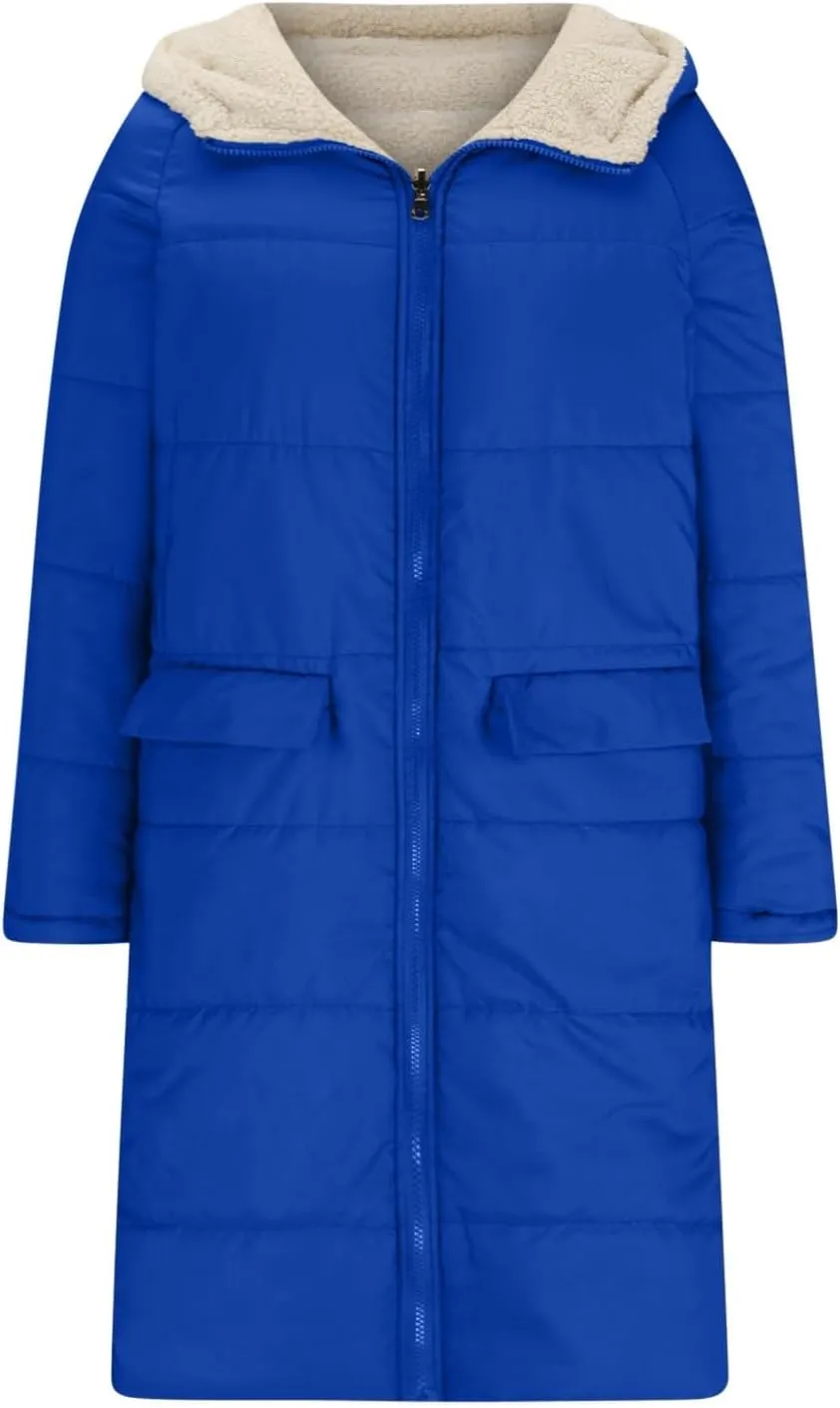 Women's Long Winter Coats Fleece Lined Reversible Hooded Puffer Jackets Windbreaker Full Zip Shearling Warm Down Coat