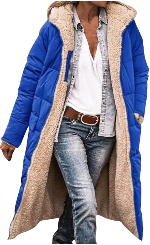 Women's Long Winter Coats Fleece Lined Reversible Hooded Puffer Jackets Windbreaker Full Zip Shearling Warm Down Coat